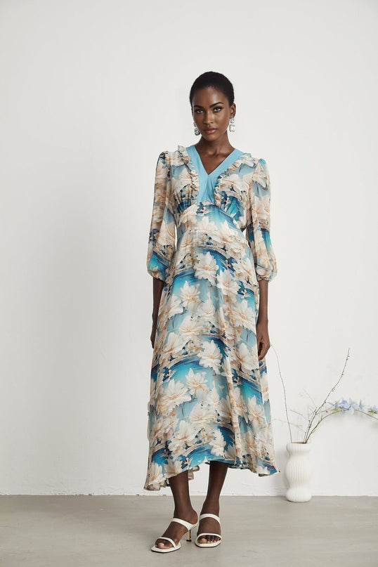 Flavia Blue Floral Print Midi Dress