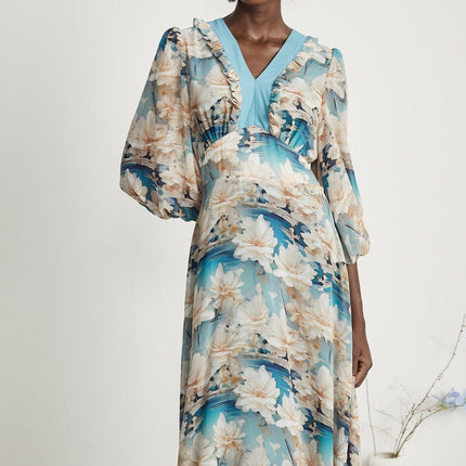 Flavia Blue Floral Print Midi Dress