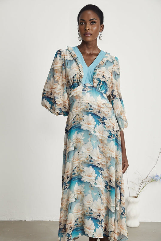 Flavia Blue Floral Print Midi Dress