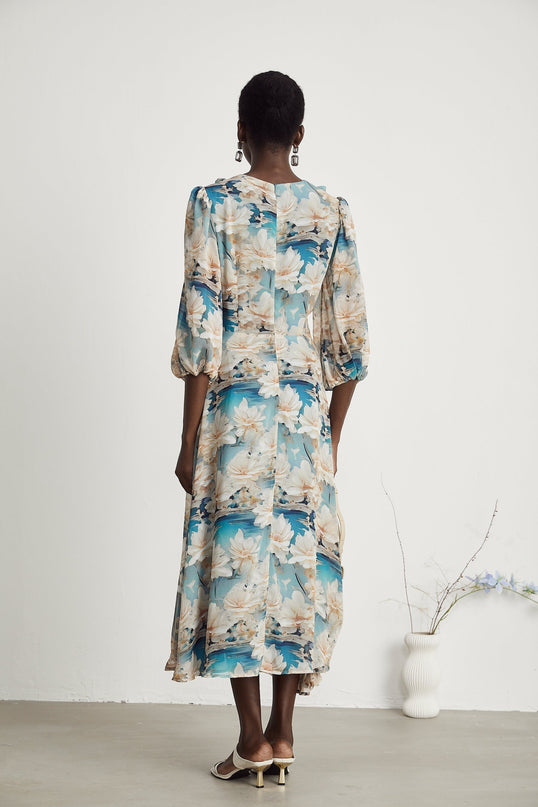 Flavia Blue Floral Print Midi Dress