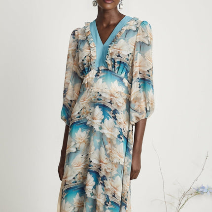 Flavia Blue Floral Print Midi Dress