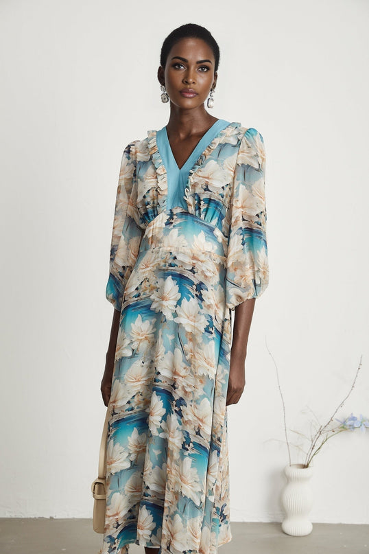 Flavia Blue Floral Print Midi Dress