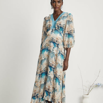 Flavia Blue Floral Print Midi Dress