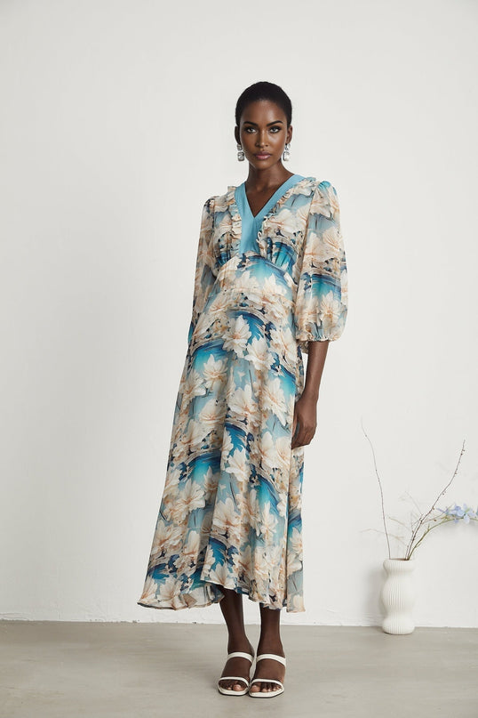 Flavia Blue Floral Print Midi Dress
