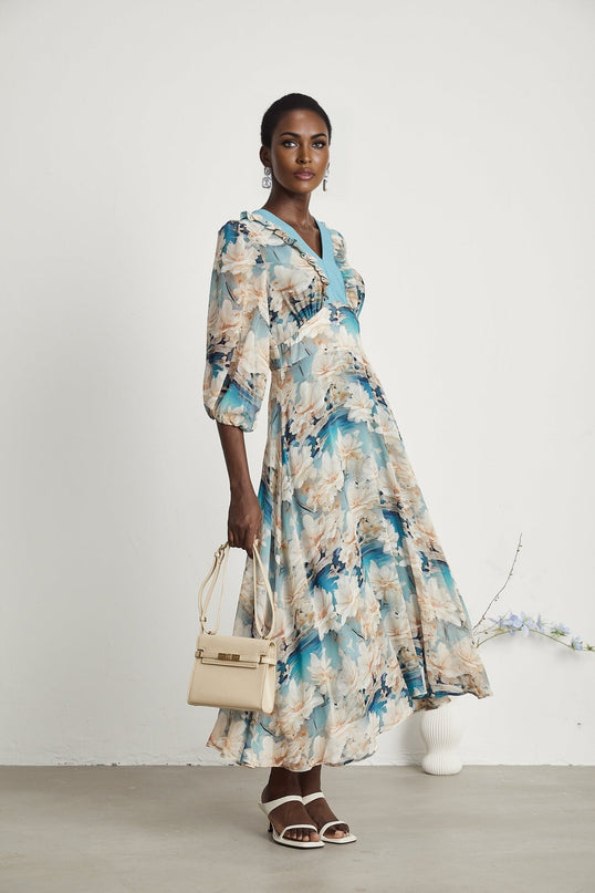 Flavia Blue Floral Print Midi Dress