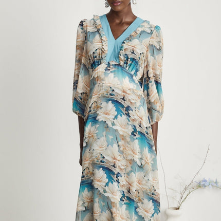 Flavia Blue Floral Print Midi Dress