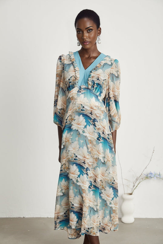 Flavia Blue Floral Print Midi Dress