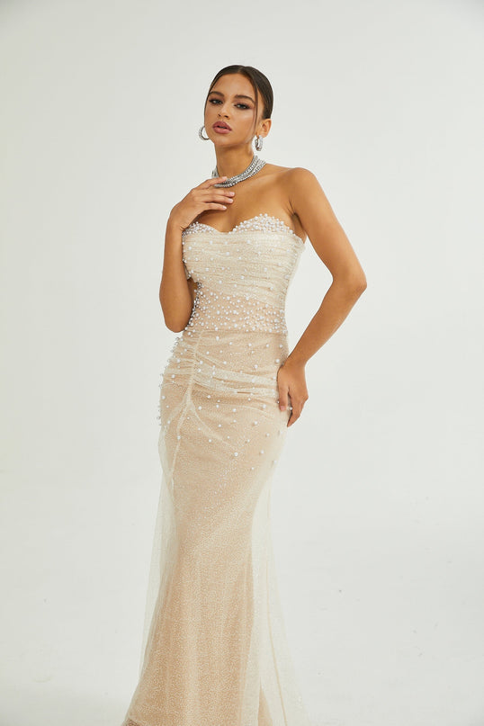 Flavia Maxi Dress Neutrals Sequin Faux-Pearl Layered Elegant Sophisticated 100% Polyester Rear Zip Special Occasions
