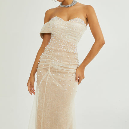 Flavia Neutrals Maxi Dress with Sequin and Faux-Pearl Embellishments 100% Polyester