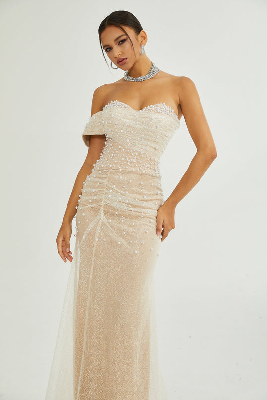 Flavia Neutrals Maxi Dress with Sequin and Faux-Pearl Embellishments 100% Polyester