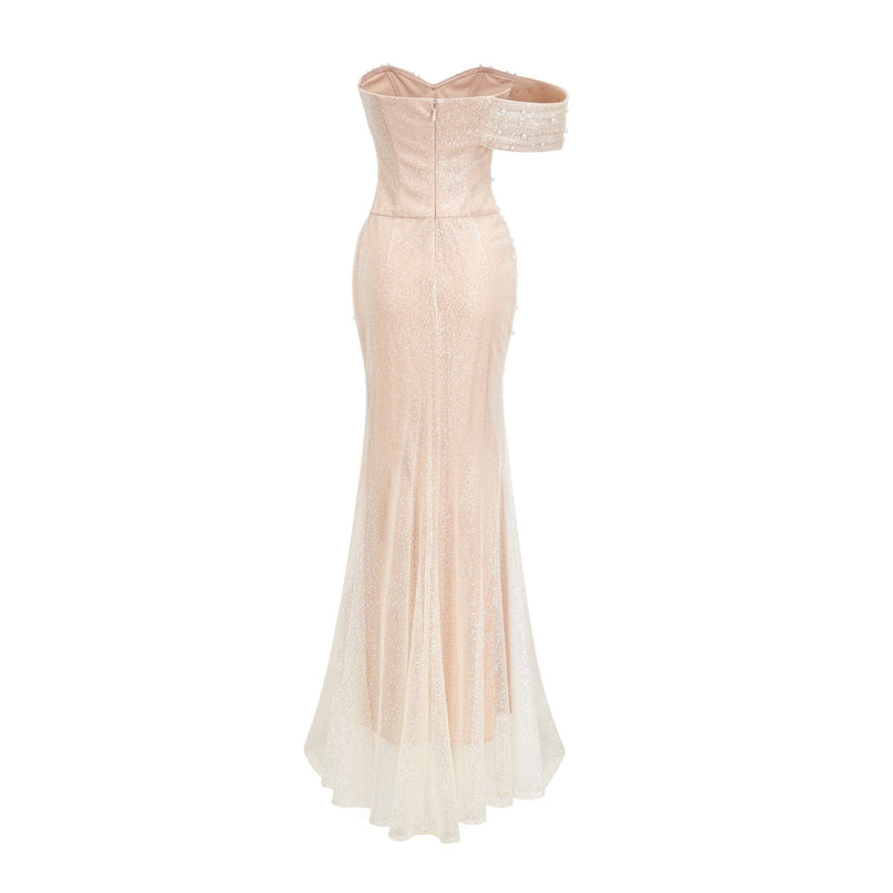 Flavia Neutrals Maxi Dress with Sequin and Faux-Pearl Embellishments