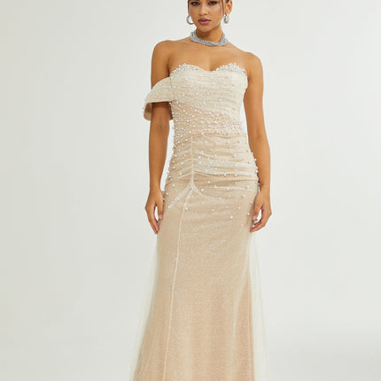 Flavia Neutrals Maxi Dress with Sequin and Faux-Pearl Embellishments