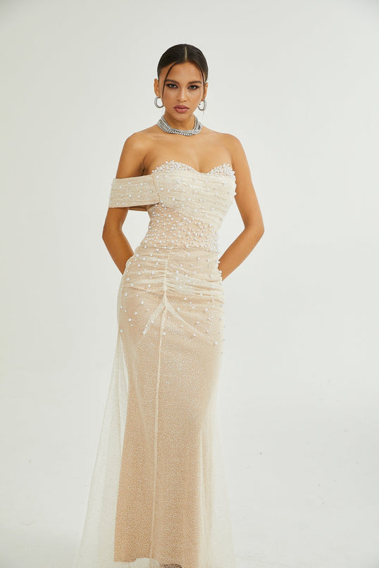 Flavia Neutrals Maxi Dress with Sequin and Faux-Pearl Embellishments