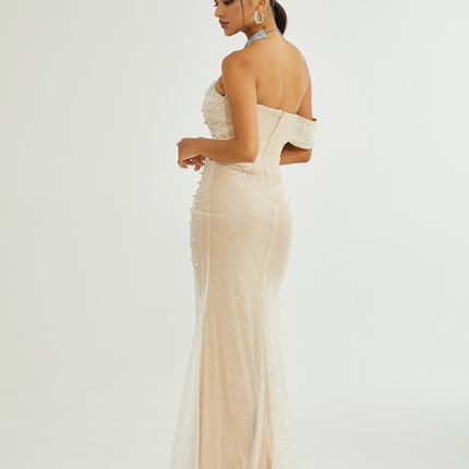 Flavia Neutrals Maxi Dress with Sequin and Faux-Pearl Embellishments