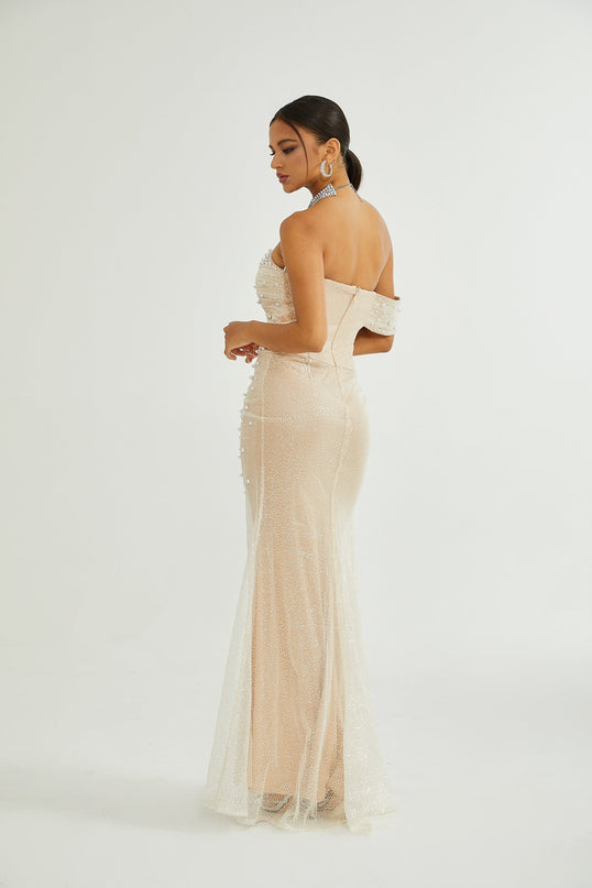 Flavia Neutrals Maxi Dress with Sequin and Faux-Pearl Embellishments