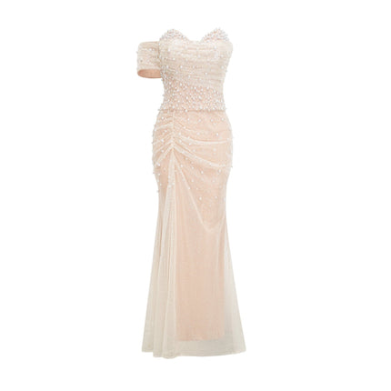 Flavia Neutrals Sequin Faux-Pearl Maxi Dress 100% Polyester Elegant Sophisticated Luxury Glamorous Special Occasions Zip Fastening Contemporary Twist Layered Design Gathered Detailing Off-the-Shoulder Silhouette Graceful Flow