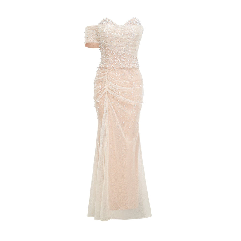 Flavia Neutrals Sequin Faux-Pearl Maxi Dress 100% Polyester Elegant Sophisticated Luxury Glamorous Special Occasions Zip Fastening Contemporary Twist Layered Design Gathered Detailing Off-the-Shoulder Silhouette Graceful Flow