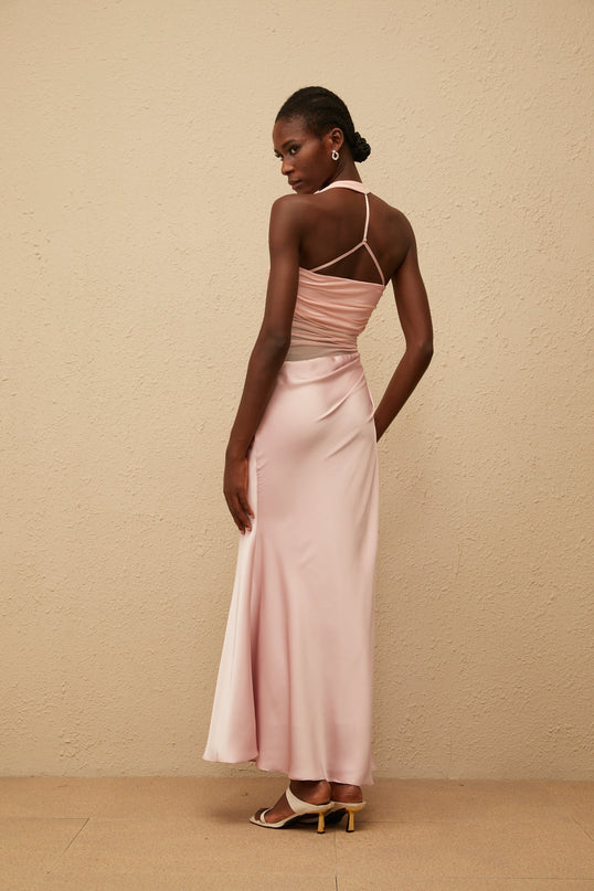 Flavia Pink Mesh Panel Maxi Dress with Ruched Detailing