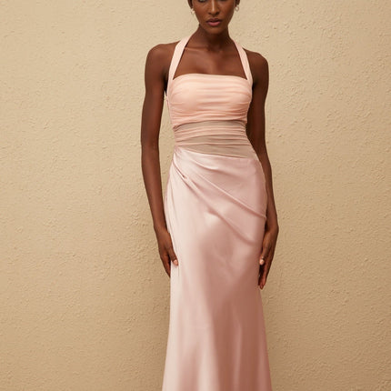 Flavia Pink Mesh Panel Ruched Maxi Dress Halterneck Terylene Fiber Elegant Sophisticated Flared Hem