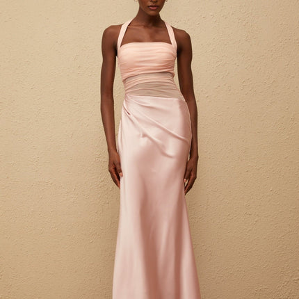 Flavia Pink Mesh Panel Maxi Dress with Ruched Detailing