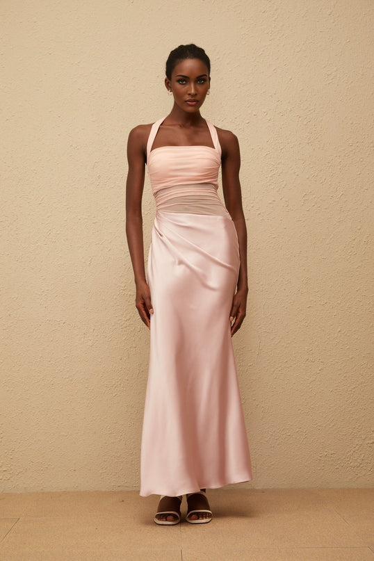 Flavia Pink Mesh Panel Maxi Dress with Ruched Detailing