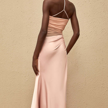 Flavia Pink Mesh Panel Maxi Dress with Ruched Detailing and Halterneck Design