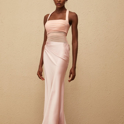 Flavia Pink Mesh Panel Ruched Maxi Dress