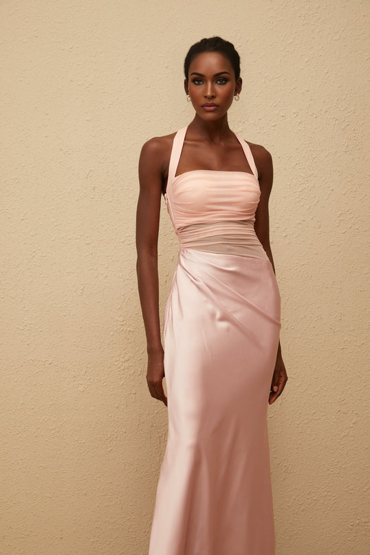 Flavia Pink Mesh Panel Ruched Maxi Dress