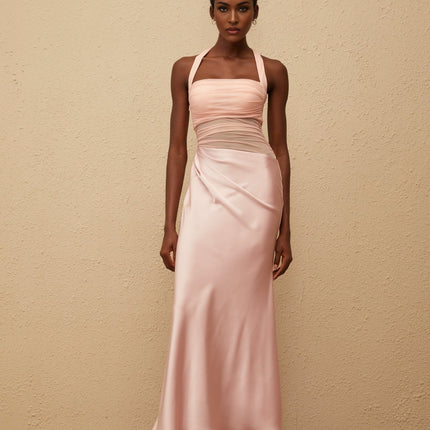 Flavia Pink Mesh Panel Ruched Maxi Dress