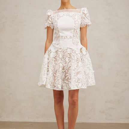 Flavia White Floral Lace Mini Dress with Puff Skirt and Pleated Detailing