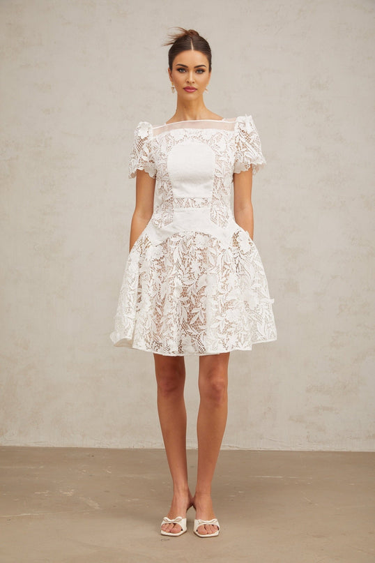 Flavia White Floral Lace Mini Dress with Puff Skirt and Pleated Detailing