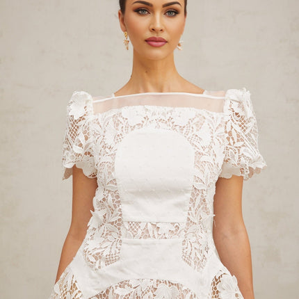 Flavia White Floral Lace Mini Dress with Puff Skirt and Pleated Detailing