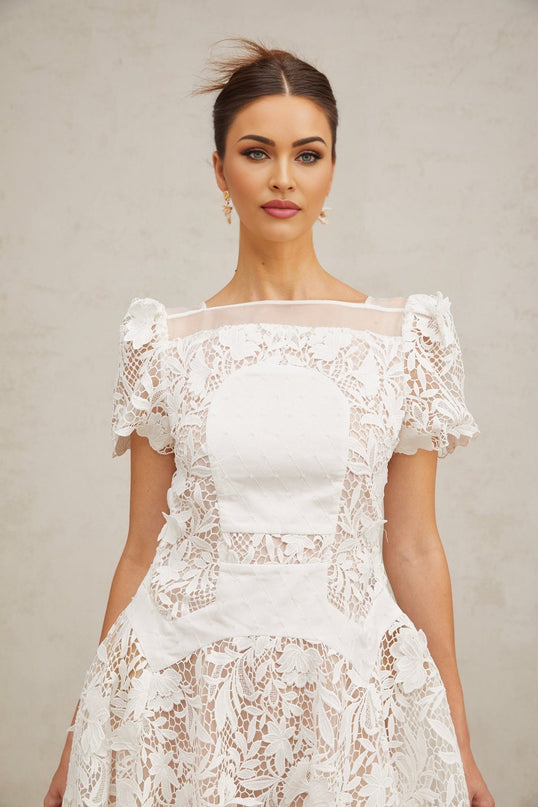 Flavia White Floral Lace Mini Dress with Puff Skirt and Pleated Detailing