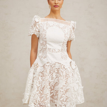 Flavia White Lace Mini Dress with Puff Skirt and Pleated Detailing