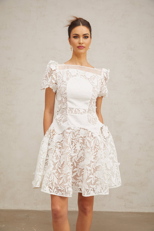 Flavia White Lace Mini Dress with Puff Skirt and Pleated Detailing
