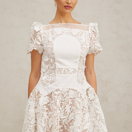 Flavia White Lace Mini Dress with Puff Skirt and Pleated Detailing