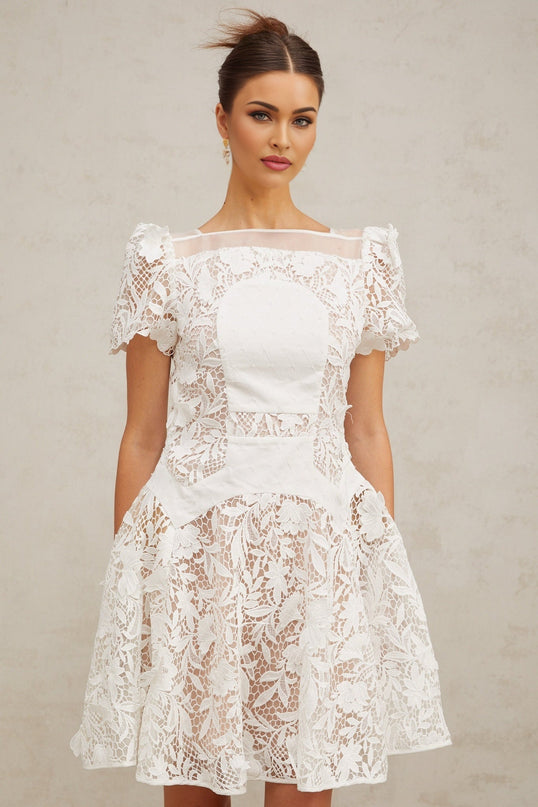 Flavia White Lace Mini Dress with Puff Skirt and Pleated Detailing