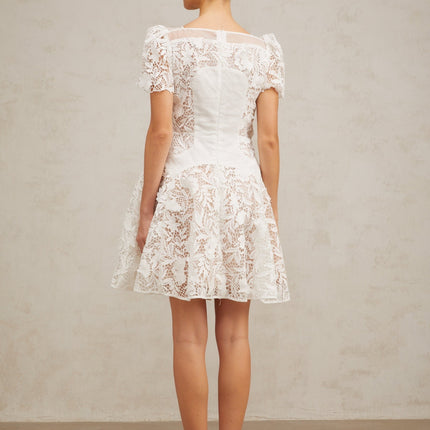 Flavia White Lace Mini Dress with Puff Skirt and Pleated Detailing