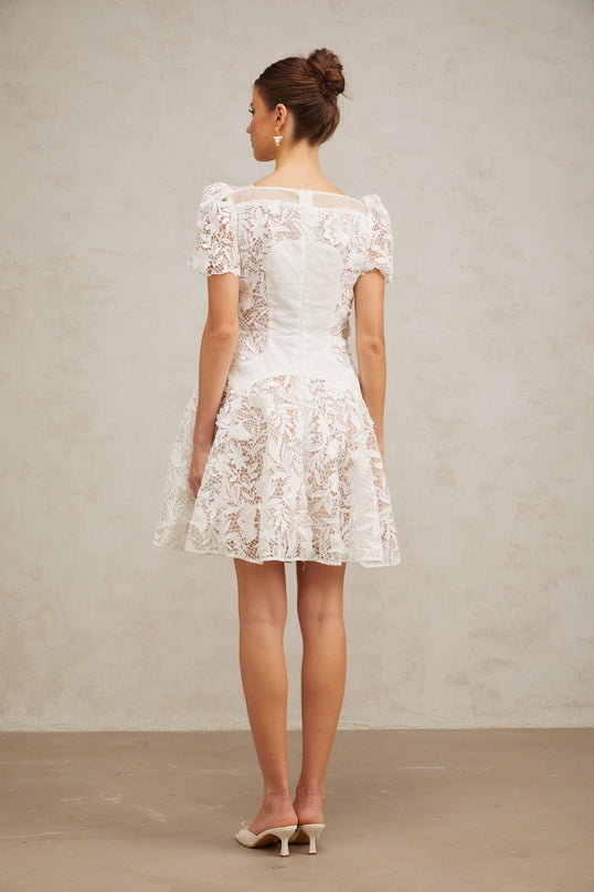 Flavia White Lace Mini Dress with Puff Skirt and Pleated Detailing