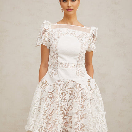 Flavia White Lace Mini Dress with Puff Skirt and Pleated Detailing
