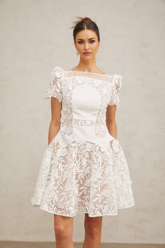 Flavia White Lace Mini Dress with Puff Skirt and Pleated Detailing