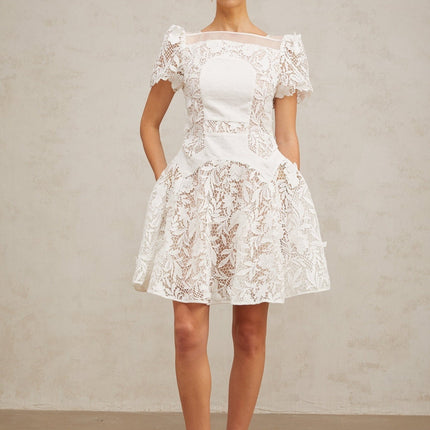 Flavia White Lace Mini Dress with Puff Skirt and Pleated Detailing