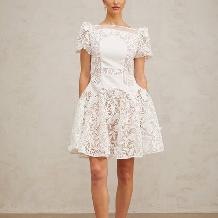 Flavia White Lace Mini Dress with Puff Skirt and Pleated Detailing