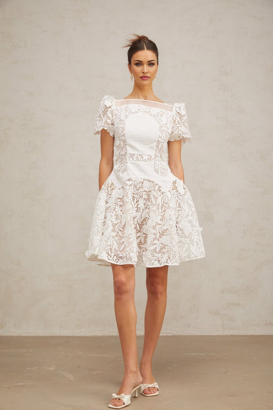 Flavia White Lace Mini Dress with Puff Skirt and Pleated Detailing