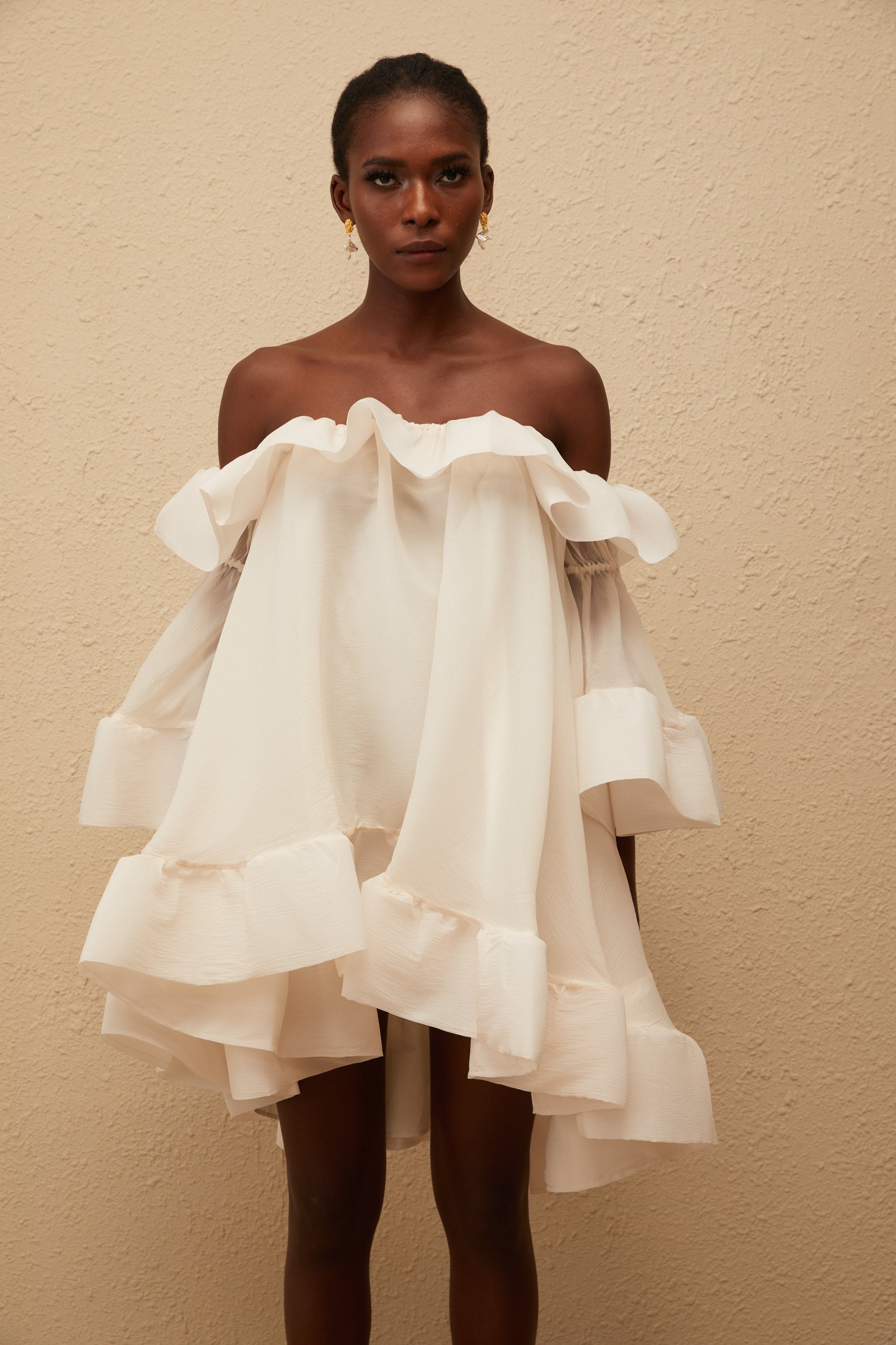 Flavie White Off Shoulder Ruffled Mini Dress