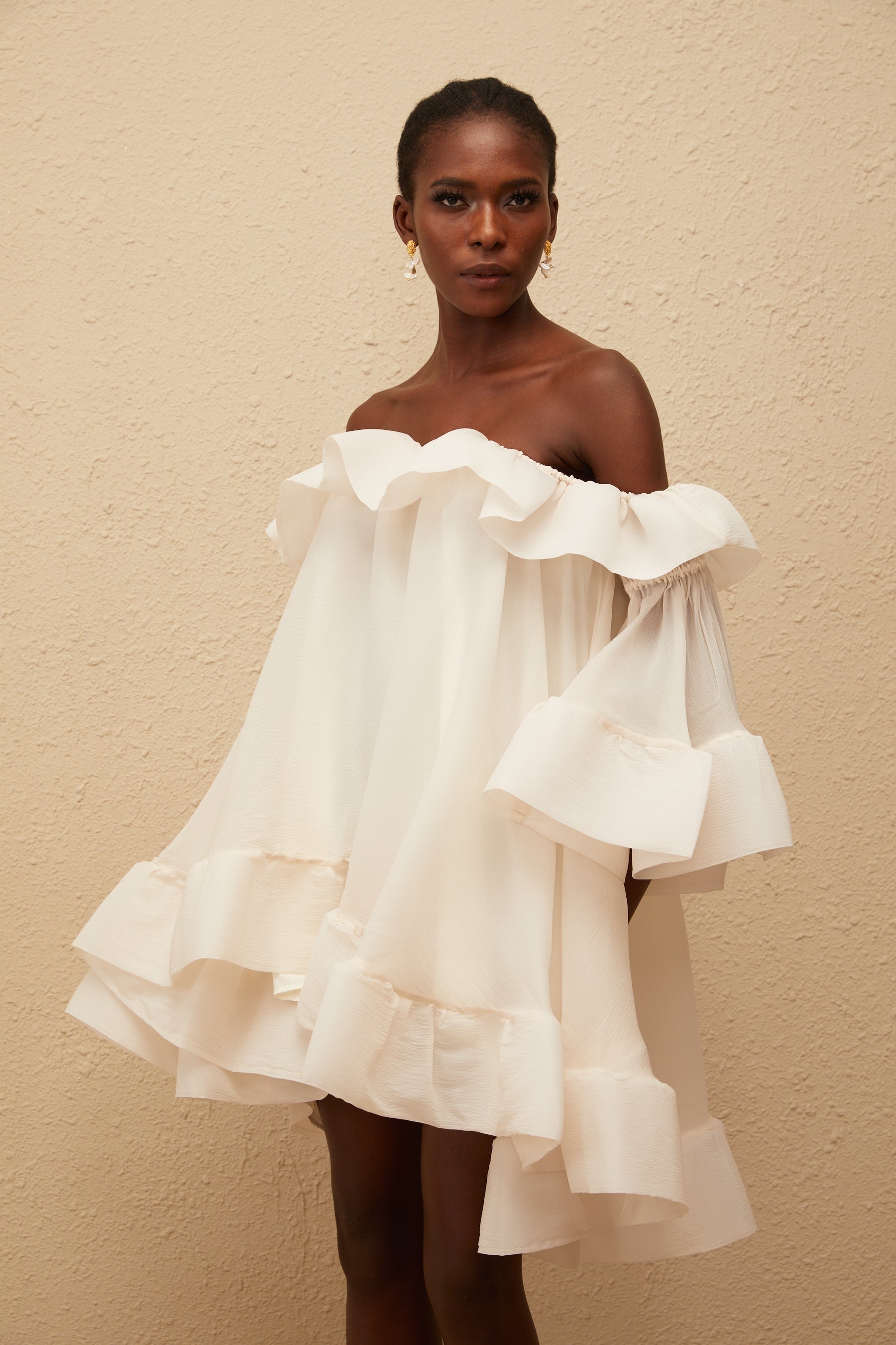 Flavie White Off Shoulder Ruffled Mini Dress