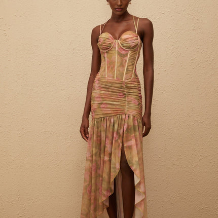 Fleur Green Floral Print Mesh Maxi Dress