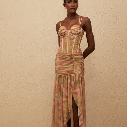 Fleur Green Floral Print Mesh Maxi Dress