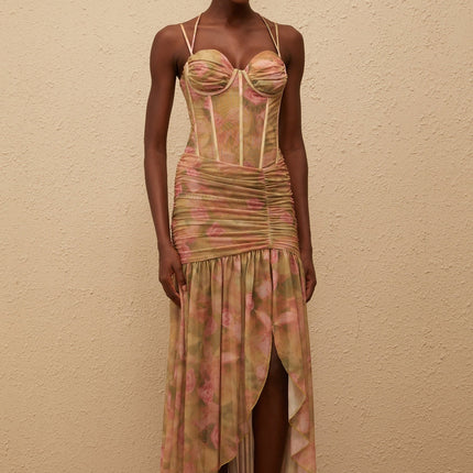 Fleur Green Floral Print Mesh Maxi Dress