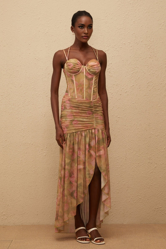 Fleur Green Floral Print Mesh Maxi Dress